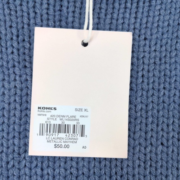 LC Lauren Conrad Women's Braided Sleeve Sweater XL Blue Metallic Mayhem W/Tags - Picture 10 of 14